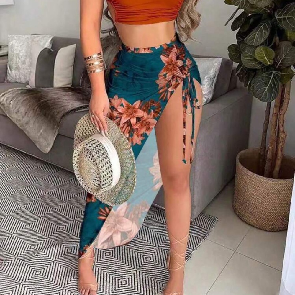 Tropical Floral Wrap Skirt w/ Backless Shirt